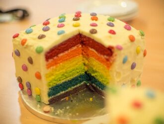 Rainbow cake with piece missing